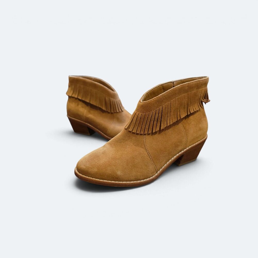 Joie Makena Suede Fringe Ankle Boots Whiskey Brown Boho Size 35 US 5